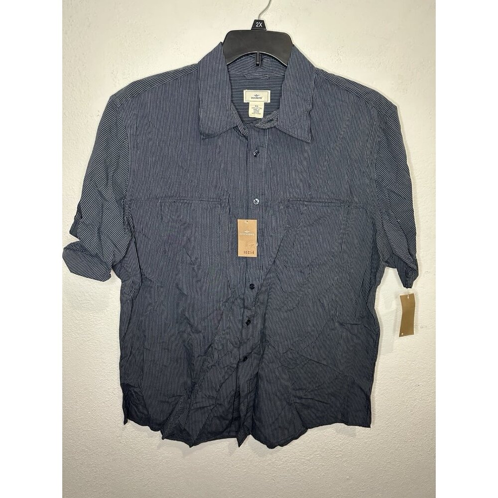Dockers Checkered Striped Blue Short Sleeve Button Up Cotton Casual Shirt Sz XL
